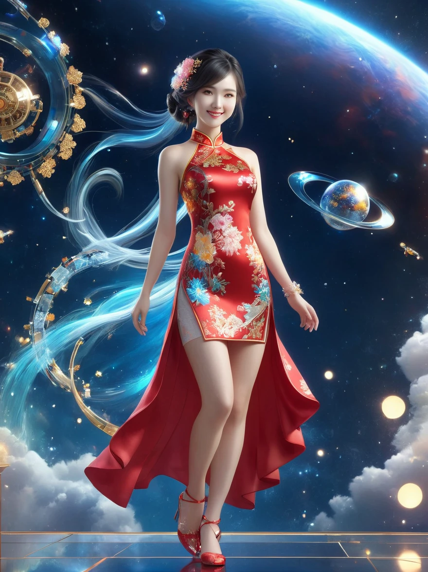 1xknh1, (tiro de corpo inteiro:1.4), arte espacial, 1 mulher Cheongsam，todo o corpo，de pé，Braço robótico transparente，Corpo fino，Proporções perfeitas，Acessórios de cabelo requintados，sorriso，Sapatas mecânicas transparentes，Elementos orientais，(Bokeh)，alta qualidade，4K，3d