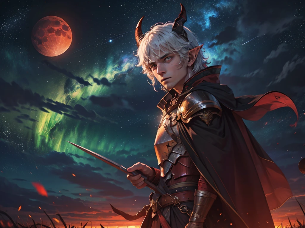 1boy, armor, burning, cape, crescent moon, earth \(planet\), embers, energy ball, fire, flame, full moon, galaxy, glowing, green eyes, horns, long hair,blown hair, magic, male focus, moon, night, night sky, pauldrons, planet, pointy ears, red cape, red moon, shoulder armor, sky, solo, space, star \(sky\), starry sky, sun, sunset, white hair , by paul zizka, 