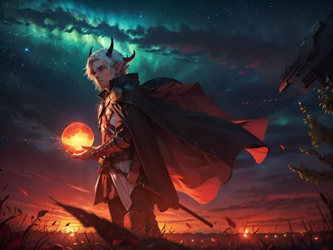 1boy, armor, burning, cape, crescent moon, earth \(planet\), embers, energy ball, fire, flame, full moon, galaxy, glowing, green...