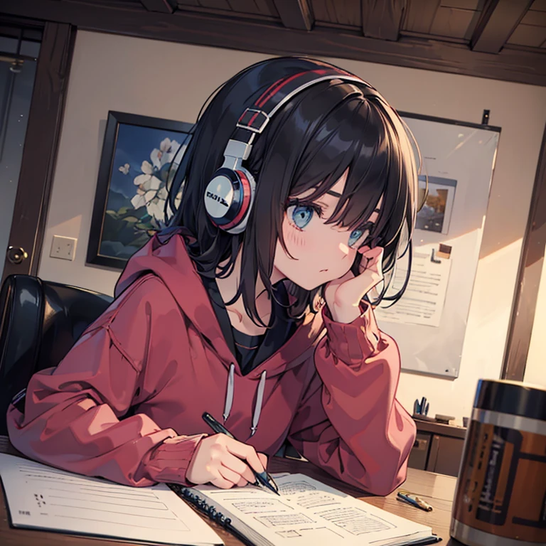 night、((机に向かってBarely)),（Headphones）,((Barely)),（Serious profile）,((Writing in a notebook)),((The eyes are on the notebook!!)),indoor, Super detailed, (((Very detailed eyes and face))), profile, masterpiece, Highest quality, Realistic portraits, hoodie, Very detailed, Dynamic Angle, The most beautiful form of chaos, elegant, Asian Taste