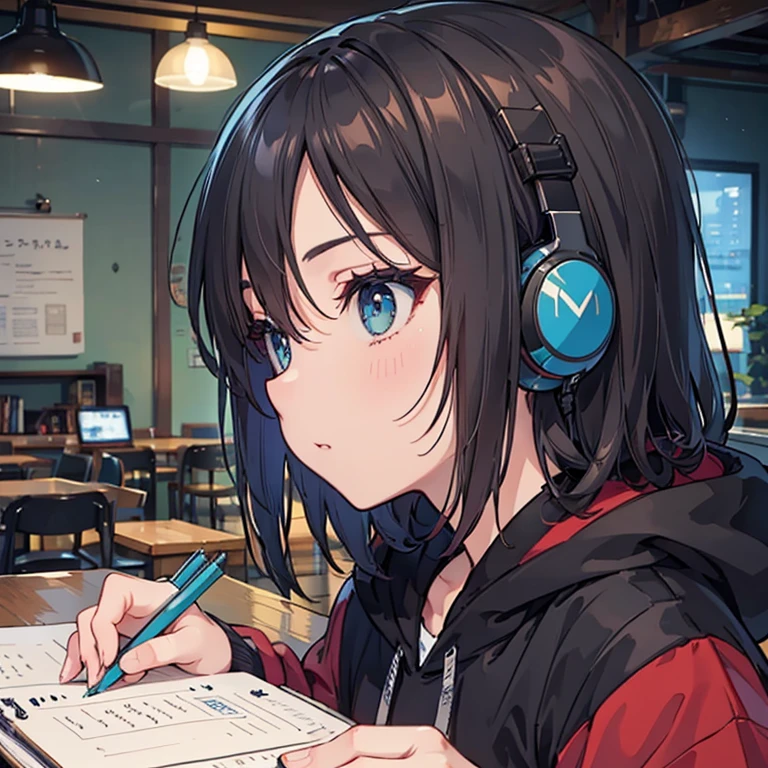 night、((机に向かってBarely)),（Headphones）,((Barely)),（Serious profile）,((Writing in a notebook)),((The eyes are on the notebook!!)),indoor, Super detailed, (((Very detailed eyes and face))), profile, masterpiece, Highest quality, Realistic portraits, hoodie, Very detailed, Dynamic Angle, The most beautiful form of chaos, elegant, Asian Taste