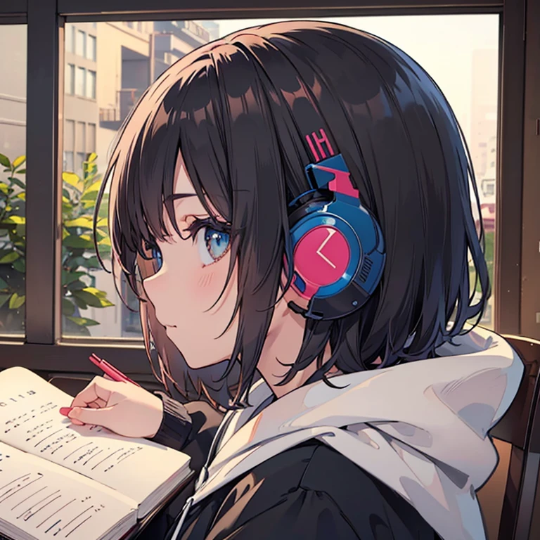 night、((机に向かってBarely)),（Headphones）,((Barely)),（Serious profile）,((Writing in a notebook)),((The eyes are on the notebook!!)),indoor, Super detailed, (((Very detailed eyes and face))), profile, masterpiece, Highest quality, Realistic portraits, hoodie, Very detailed, Dynamic Angle, The most beautiful form of chaos, elegant, Asian Taste