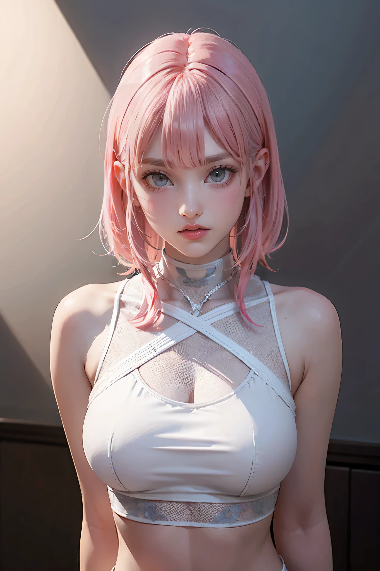 Highest quality, Ultra-high resolution, Realistic, Cyberpunk sexy pink hair girl、Take photos in a studio environment with a gray background, View your audience, Upper Body, thin, Visible Cracks, Crop top,Big Breasts,(The clothes are see-through)