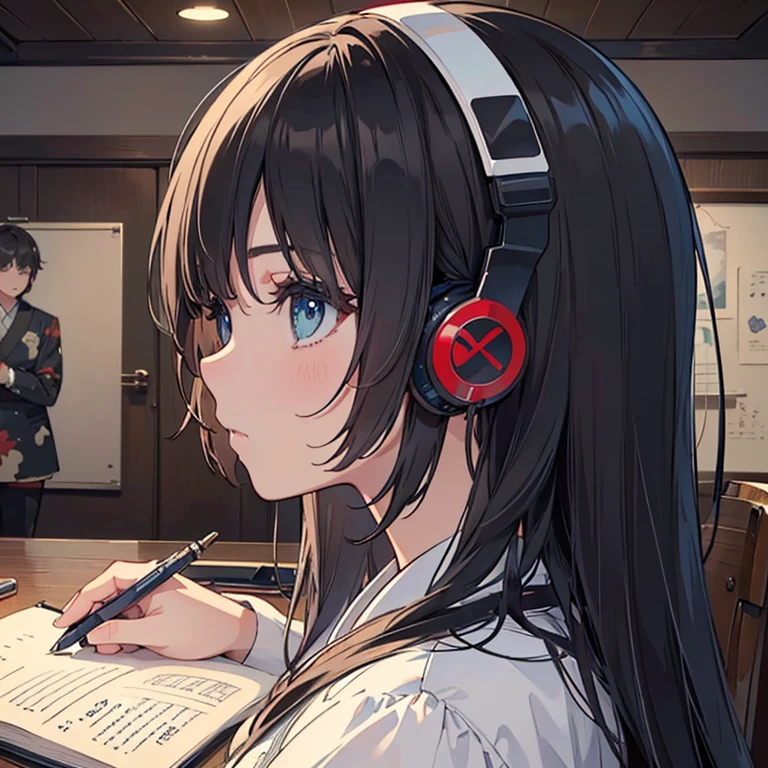 night、((机に向かってBarely)),（Headphones）,((Barely)),（Serious profile）,((Writing in a notebook)),((The eyes are on the notebook!!)),indoor, Super detailed, (((Very detailed eyes and face))), profile, masterpiece, Highest quality, Realistic portraits, Very detailed, Dynamic Angle, The most beautiful form of chaos, elegant, Asian Taste