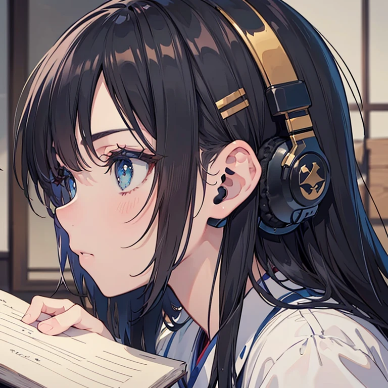 night、((机に向かってBarely)),（Headphones）,((Barely)),（Serious profile）,((Writing in a notebook)),((The eyes are on the notebook!!)),indoor, Super detailed, (((Very detailed eyes and face))), profile, masterpiece, Highest quality, Realistic portraits, Very detailed, Dynamic Angle, The most beautiful form of chaos, elegant, Asian Taste
