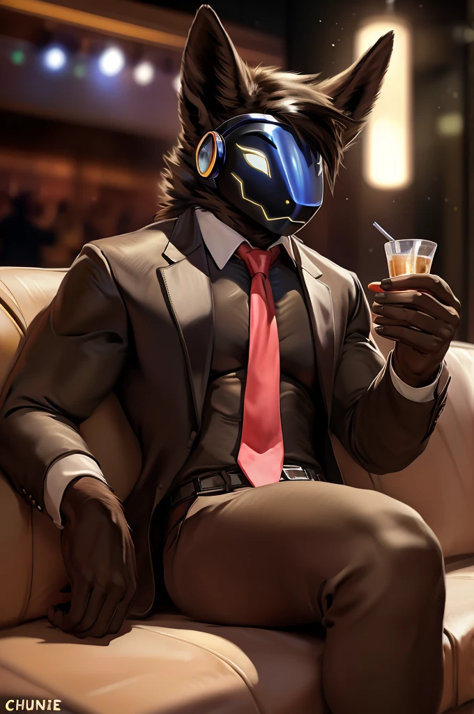 posted on e621, (by Chunie), Protogen,solo,masculine, Black fur with White stripes on the tips, Slim body, full body like, at a nightclub, Hitman wear, Black suit, Red tie, Sitting on the sofa, a cup of alcoholic drink, Abstract beauty, ultra detailed face, depth of field, motion blur, high details, high quality, award winning, HD, 16k, (best quality,4k,8k,highres,masterpiece:1.2),ultra-detailed,realistic:1.37,HDR,UHD,studio lighting,extreme detail description,professional,vivid colors,bokeh,lively atmosphere, natural lighting