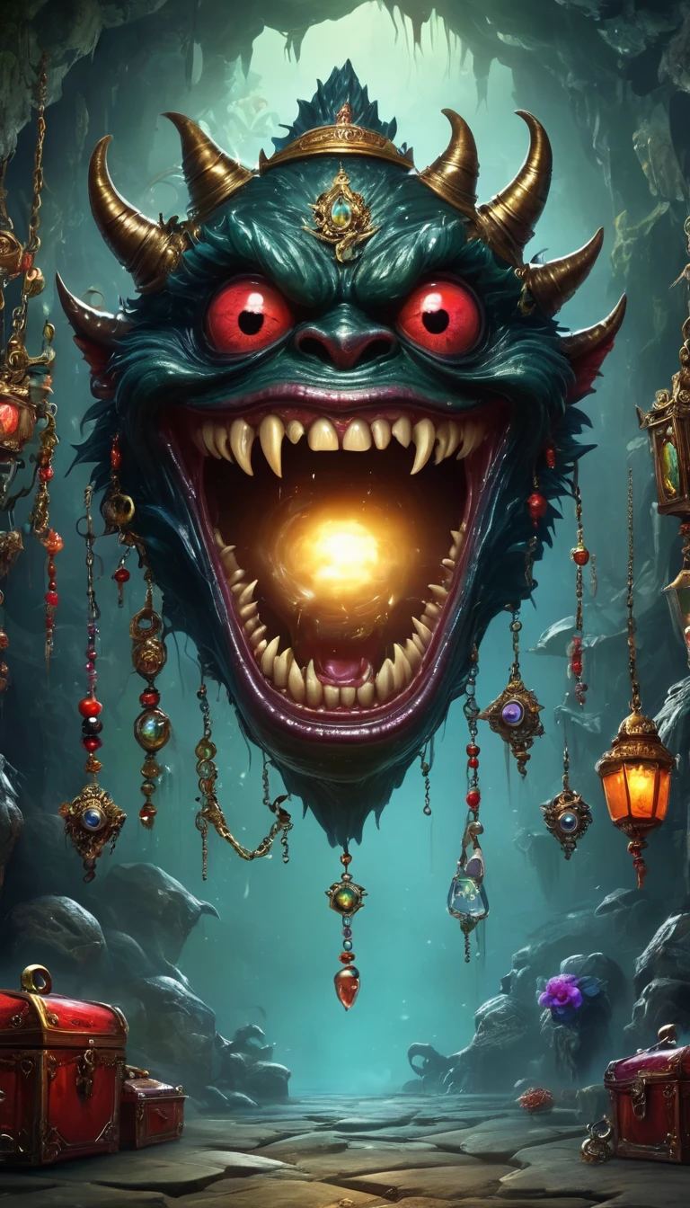 (masterpiece, best quality:1.2), dark，Fear，imitate，Suspension，Mimic，Treasure Box Monster，Weird tongue and nasty teeth. Scattered jewelry,Greedy should be open, Reveals a big, 