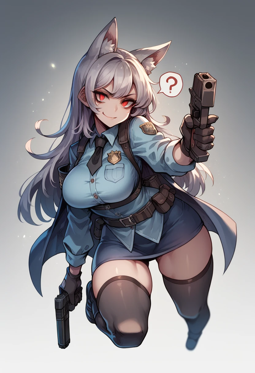 One girl,Fox Girl,Slit eyes,Silver Hair,Red eyes,Trimmed long hair,high school girl,Police uniform,Mobile Task Force Equipment,Wicked Smile,Full Art,Handgun,Possession of a gun,Ready your gun?,Hard boots