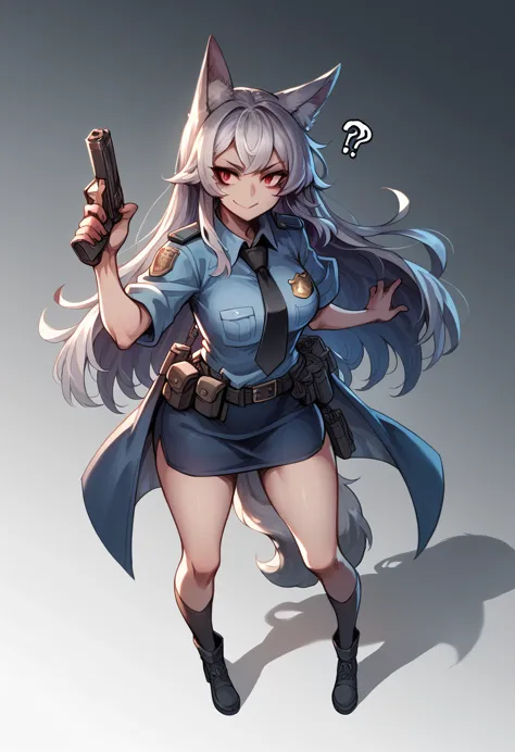 one girl,fox girl,slit eyes,silver hair,red eyes,trimmed long hair,high school girl,police uniform,mobile task force equipment,w...