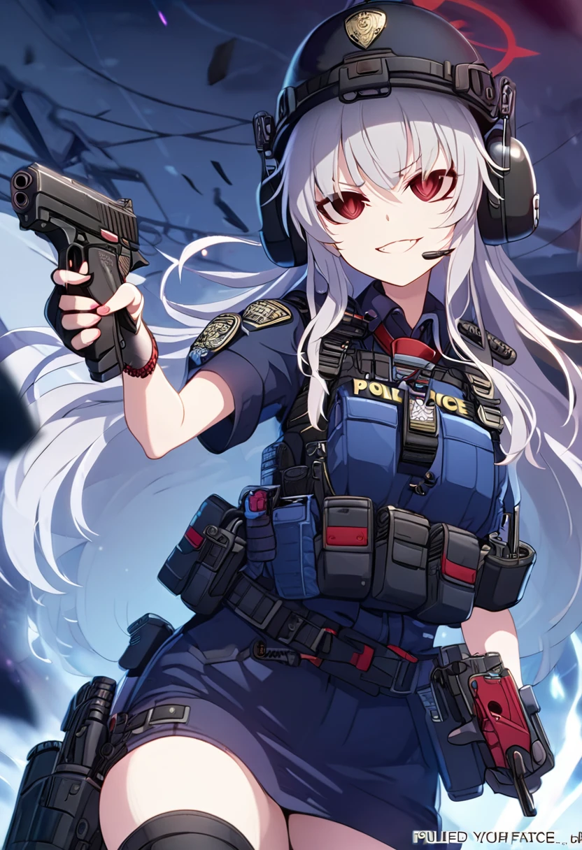 One girl,Fox Girl,Slit eyes,Silver Hair,Red eyes,Trimmed long hair,high school girl,Police uniform,Mobile Task Force Equipment,Wicked Smile,Full Art,Handgun,Possession of a gun,Ready your gun?,Hard boots