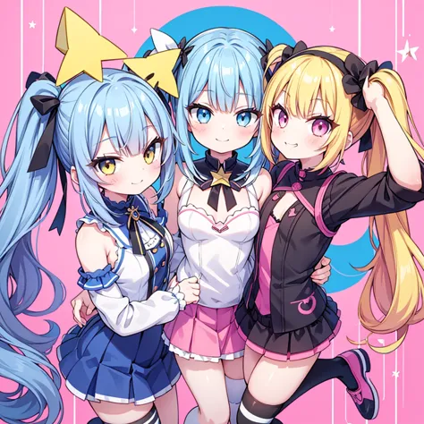 masterpiece, best quality, hyper detailed, 3girl, evil smiling, looking at viewerery,flat chest,blue hair,short twintails,middle...