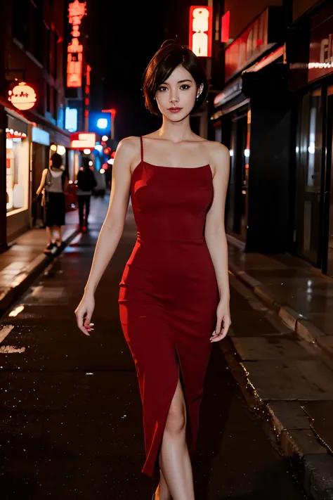 Sexy short haired lady in red dress walking down the street at night