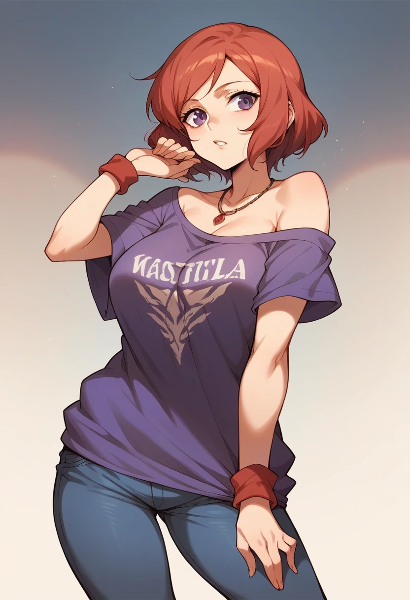 masterpiece, best quality,8k wallpaper, cowboy shot, nishikino maki,off shoulder t-shirt,low leg pants, necklace,wrist band , purple eyes ,red hair,big breasts , castlevania style 