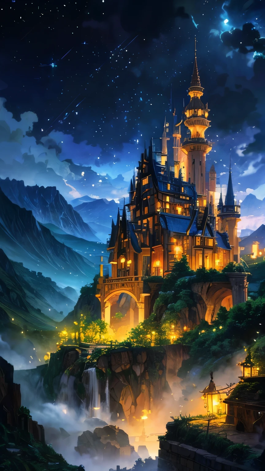 anime village with a mountain in the background, medeival fantasy town, mountain fortress city, fantasy town setting, detailed fantasy digital art, a bustling magical town, detailed digital concept art, cliffside town, 4k highly detailed digital art, fantasy town, detailed 4k concept art, highly detailed fantasy art, beautiful detailed concept art, steampunk villages castles (brokeh effect) (fireflies and glowing effect)