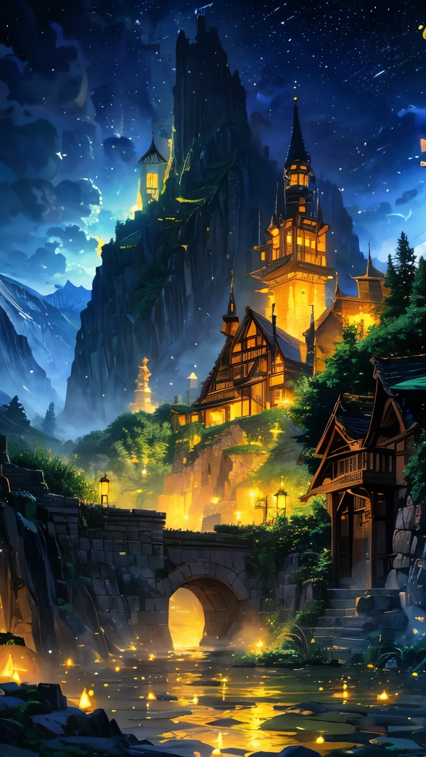 anime village with a mountain in the background, medeival fantasy town, mountain fortress city, fantasy town setting, detailed fantasy digital art, a bustling magical town, detailed digital concept art, cliffside town, 4k highly detailed digital art, fantasy town, detailed 4k concept art, highly detailed fantasy art, beautiful detailed concept art, steampunk villages castles (brokeh effect) (fireflies and glowing effect)