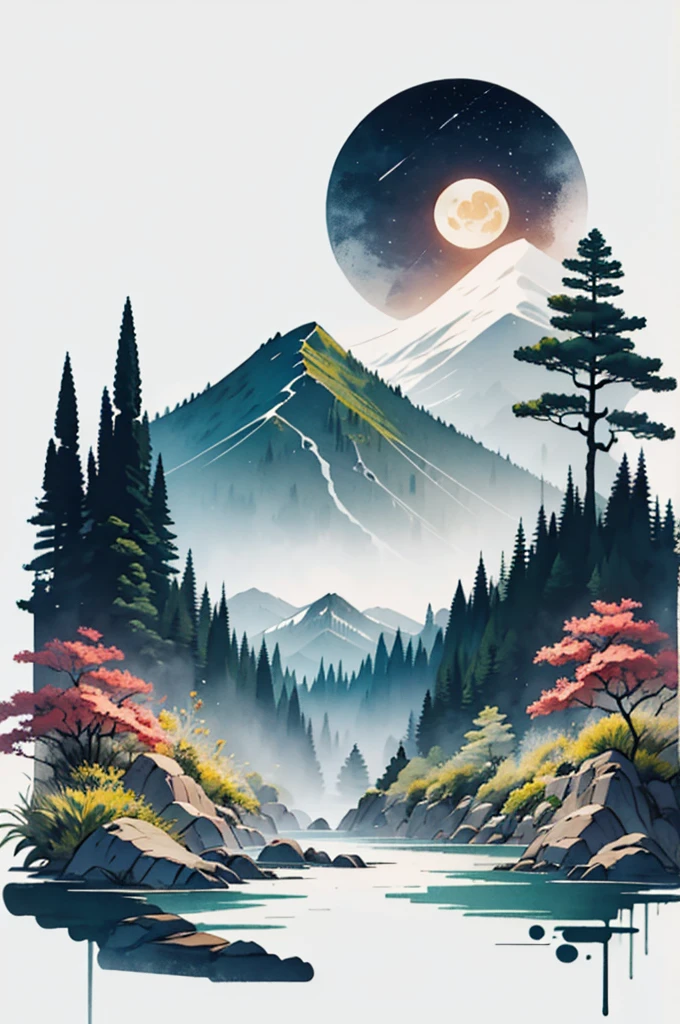 white background, scenery, watercolor, ink, flat mountains, river, moon, star, tranquil night,