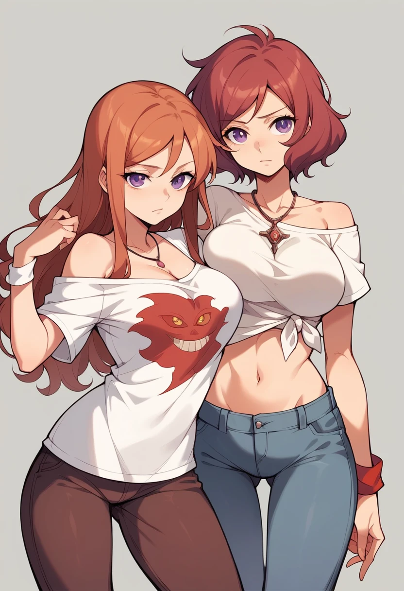 masterpiece, best quality,8k wallpaper, cowboy shot, nishikino maki,off shoulder t-shirt,low leg pants, necklace,wrist band , purple eyes ,red hair,big breasts , castlevania style , midriff 