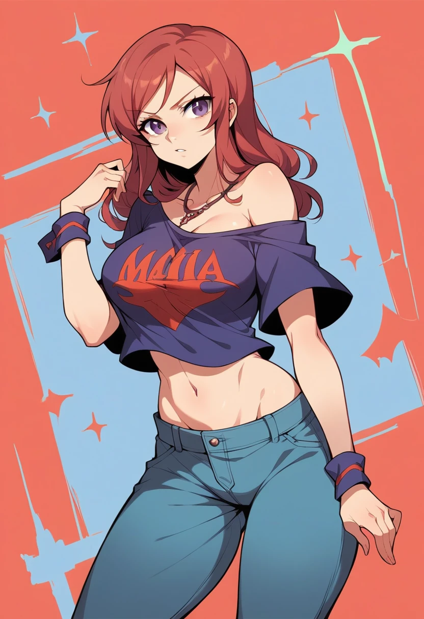 masterpiece, best quality,8k wallpaper, cowboy shot, nishikino maki,off shoulder t-shirt,low leg pants, necklace,wrist band , purple eyes ,red hair,big breasts , castlevania style , midriff 