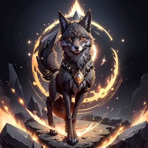 (1 fox) full body, a black eyes dark brown wolf, a winged four pointy square ears earth wolf with stones and rocks, earth energy...