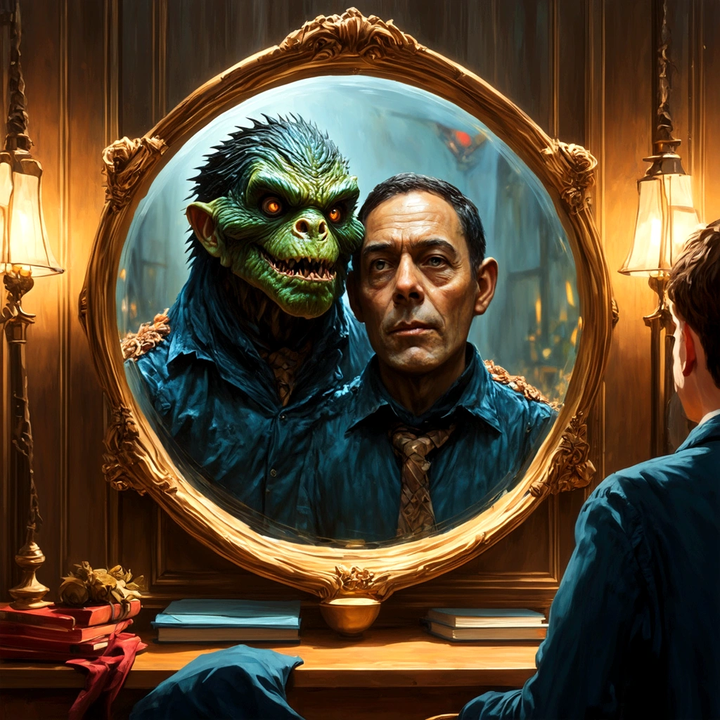 Один человек смотрит на себя в зеркало, имитировать изображение монстра в зеркальном отражении, видны и человек, и монстр