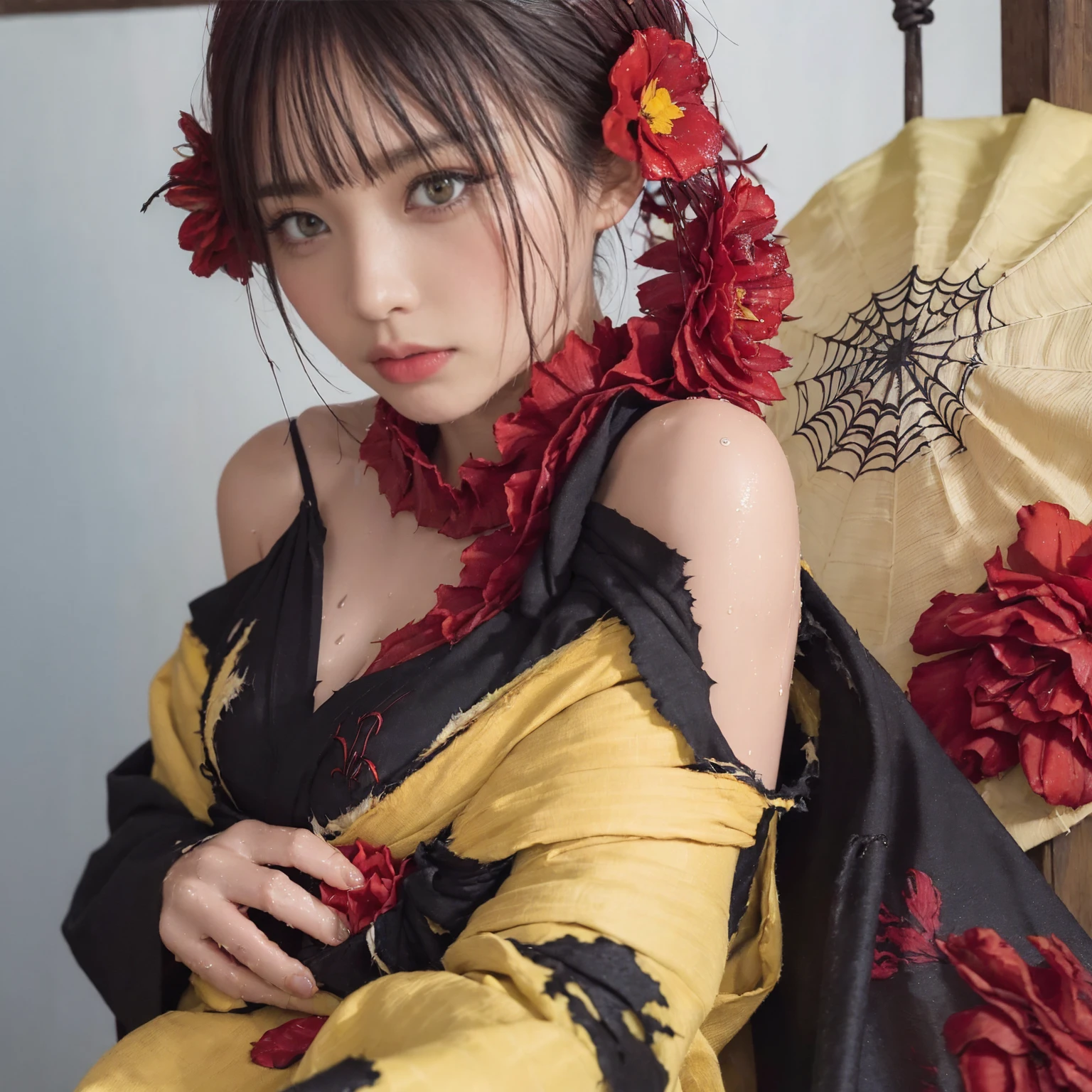 (Torn clothes:1.5),(Wet clothes:1.4),Bare shoulders,Real rain,Short black hair,(((Red flower hair ornament,Yellow eyes))),((Black kimono with spider web painting on shoulder)),Wet hair,White shirt,Best quality,Masterpiece,Ultra high resolution,(Fidelity:1.4),Photo,1 girl,[(Sadness)],Dim,Gloomy,Hopeless,Sympathetic,Pathetic,Cinematic,Tears,Teardrop,