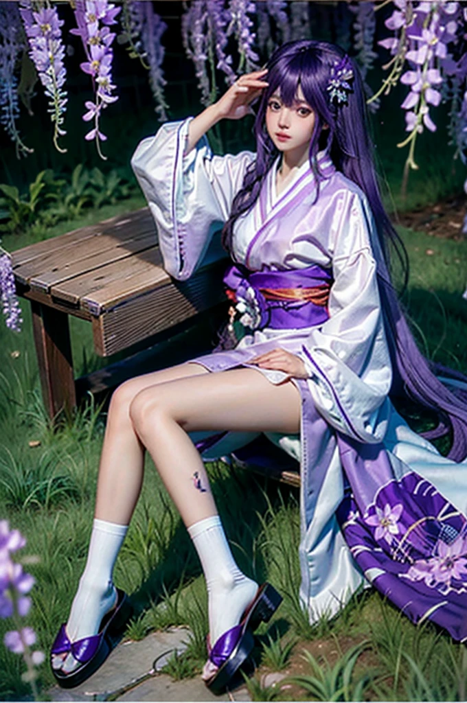 (MP-E, macro, 65mm, f/2.8), ultra realistic,32k,RAW photo,(high detailed skin:1.2), 8k uhd, high quality,1girl, solo,see-through,full body,sitting,Raiden_Ei, (purple hair:1.3),bangs,japanese clothes,solo,light purple kimono,tabi,hair ornament,long hair,logs,long hair,white socks,bare leg,sash,wide sleeves,wisteria, wisteria flower,  