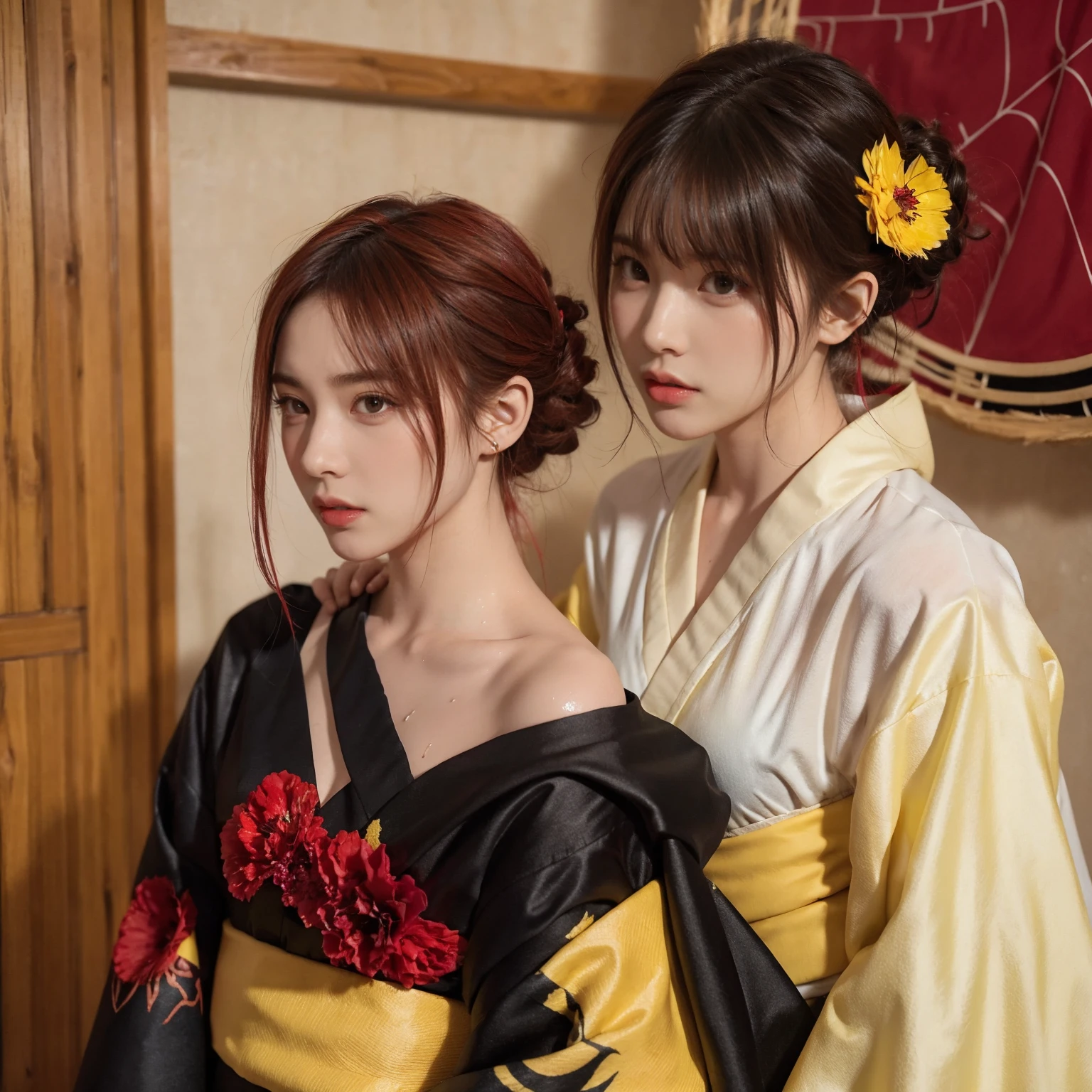 (Torn clothes:1.5),(Wet clothes:1.4),Bare shoulders,Real rain,Short black hair,(((Red flower hair ornament,Yellow eyes))),((Black kimono with spider web painting on shoulder)),Wet hair,White shirt,Best quality,Masterpiece,Ultra high resolution,(Fidelity:1.4),Photo,1 girl,[(Sadness)],Dim,Gloomy,Hopeless,Sympathetic,Pathetic,Cinematic,Tears,Teardrop,