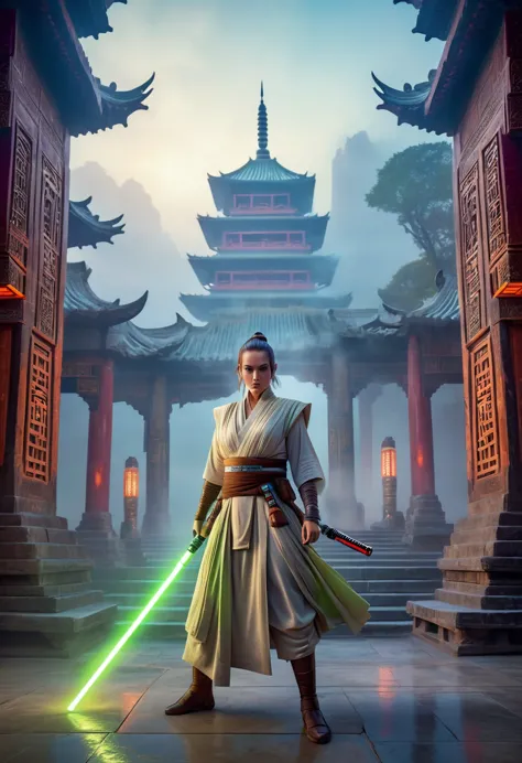 a Jedi knight in oriental setting, detailed portrait, intricate costume design, cinematic lighting, dramatic pose, glowing light...