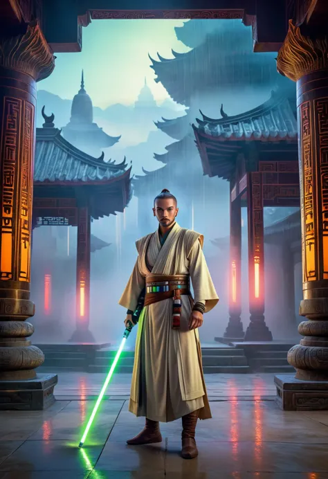 a jedi knight in oriental setting, detailed portrait, intricate costume design, cinematic lighting, dramatic pose, glowing light...