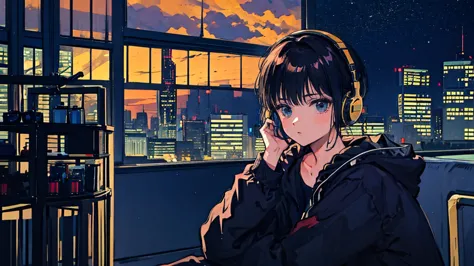 black short hair, black clothing, one adult woman looking sideways ,blue headphones、 city of night, delicate background、masterpi...