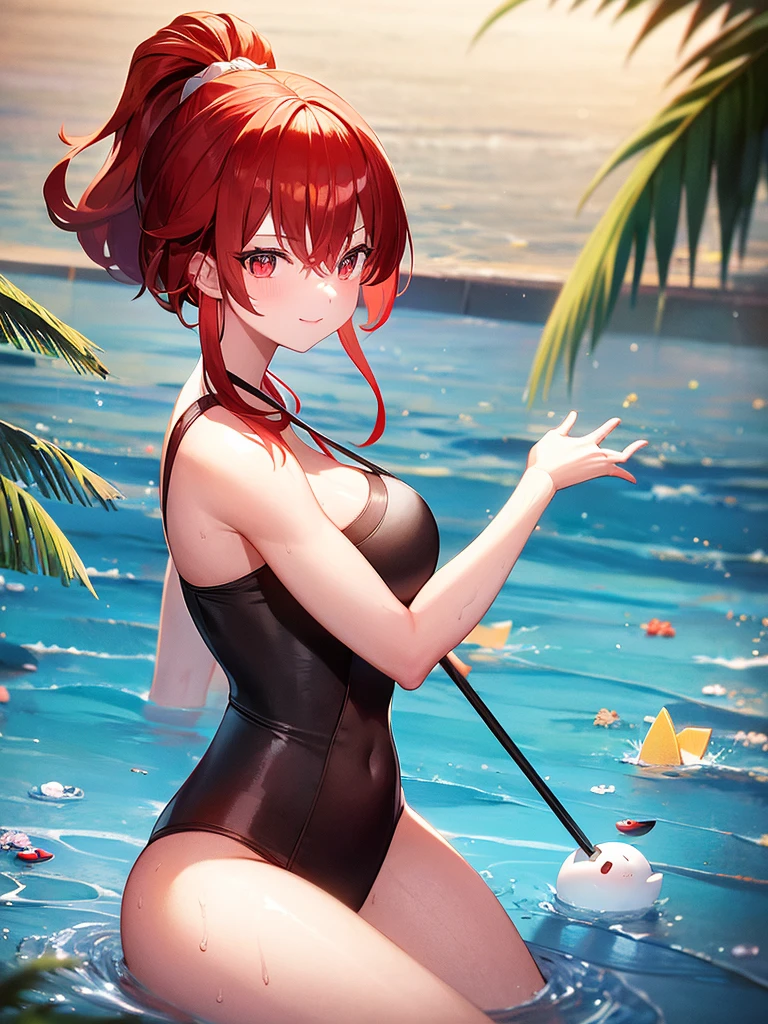 Parasol, food, basket, flip flops, vinyl sheet, Beaches and sands, Calm expression, Perfect hands, elder, Red Hair, The dignity of a 50-year-old, 落ち着きのあるwoman, solo、(Highly detailed background:1.0)、(Highly detailed background:1.0)、masterpiece、Highest quality、(Babes)、Fractal Art、Red eyes、Narrow eyes、Sexy black and red swimsuit, Reddish cheeks、Tropical Sea、From the shoulders up、Recall、smile、One Woman、Three-dimensional clouds、Venice beach, Red Ponytail, Red eyes,スタイリッシュなアクセサリーsolo, Big Breasts, woman, Take-out, Provocative laughter,40 year old woman,Queen of Sadism, Highly detailed background, Great writing style, Sit with both hands outstretched, Splash, Diffuse reflection of light, Perfect Human Medicine, Water breathing, Bare Skin, barefoot, Sweat,