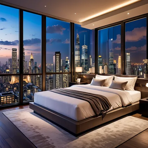 A luxurious bedroom with expansive windows providing a stunning cityscape view at dusk. The room features a plush bed adorned wi...