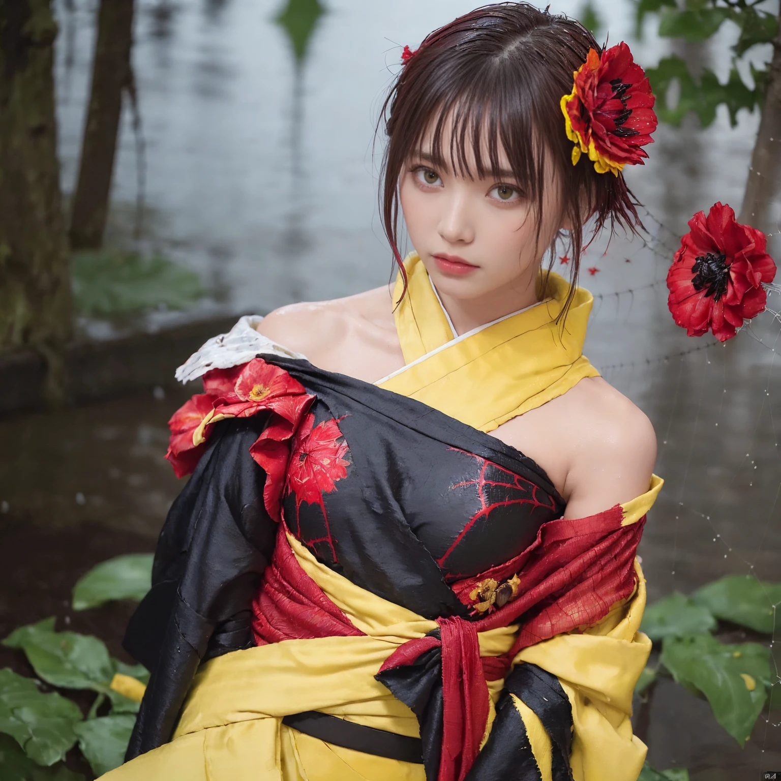 (Torn clothes:1.5),(Wet clothes:1.4),Bare shoulders,Real rain,Short black hair,(((Red flower hair ornament,Yellow eyes))),((Black kimono with spider web painting on shoulder)),Wet hair,White shirt,Best quality,Masterpiece,Ultra high resolution,(Fidelity:1.4),Photo,1 girl,[(Sadness)],Dim,Gloomy,Hopeless,Sympathetic,Pathetic,Cinematic,Tears,Teardrop,