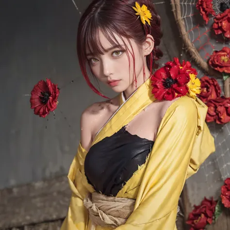 (Torn clothes:1.5),(Wet clothes:1.4),Bare shoulders,Real rain,Short black hair,(((Red flower hair ornament,Yellow eyes))),((Blac...