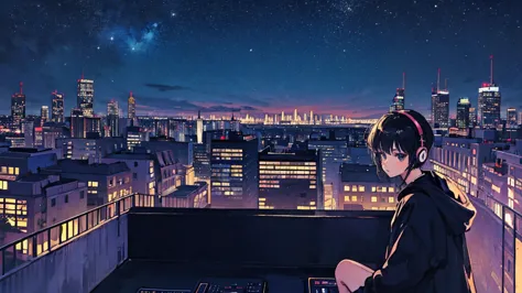 black short hair, black clothing, one adult woman looking sideways ,blue headphones、 city of night, delicate background、masterpi...