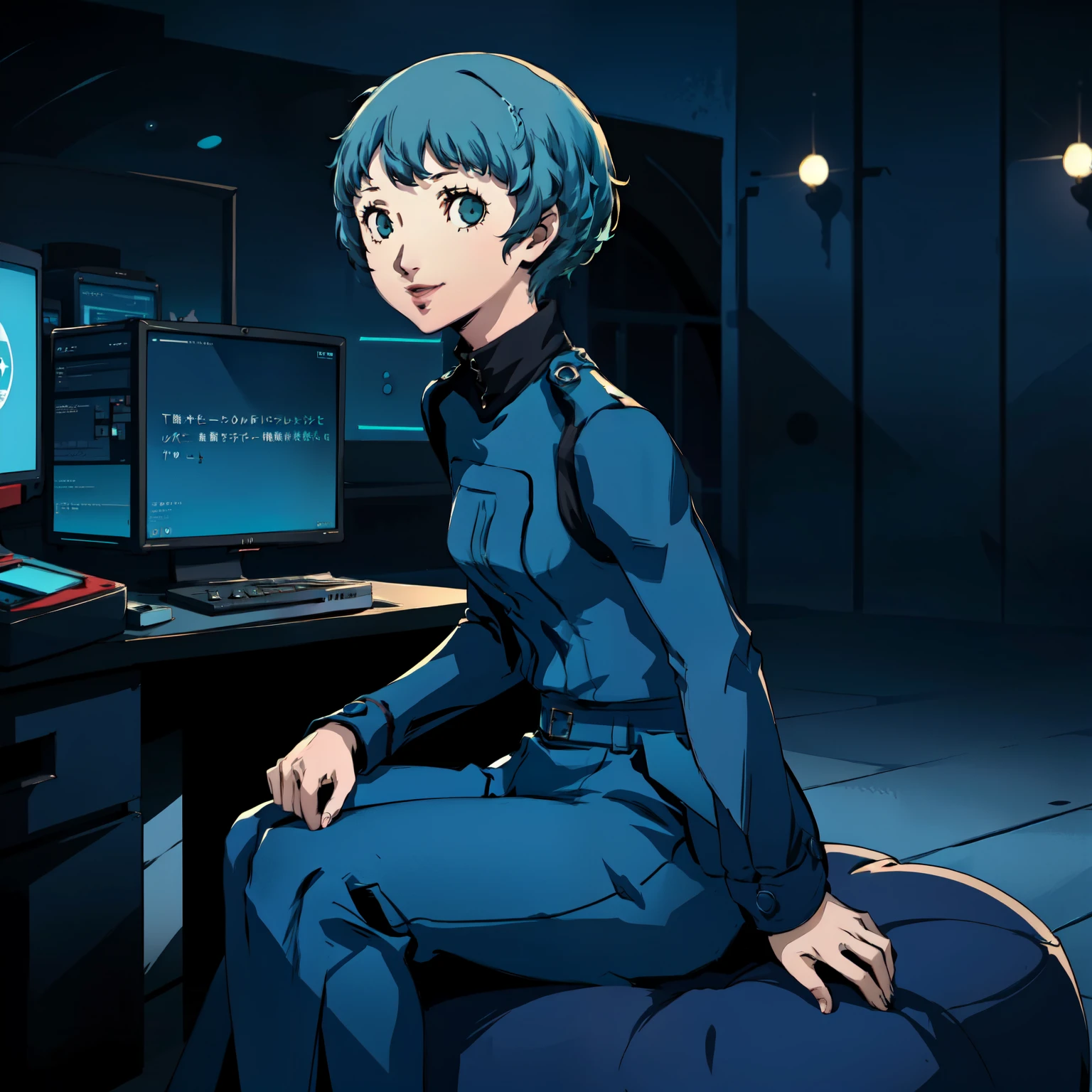 ((P3 Yamagishi Fuuka)),masterpiece, ((best quality)),((1 girl)), blue eyes, light aqua hair, female , tomboy Pixie haircut, deep blue suit,smiling,hacker,in the,dark room,sitting,looking monitor,long skirt,cute
