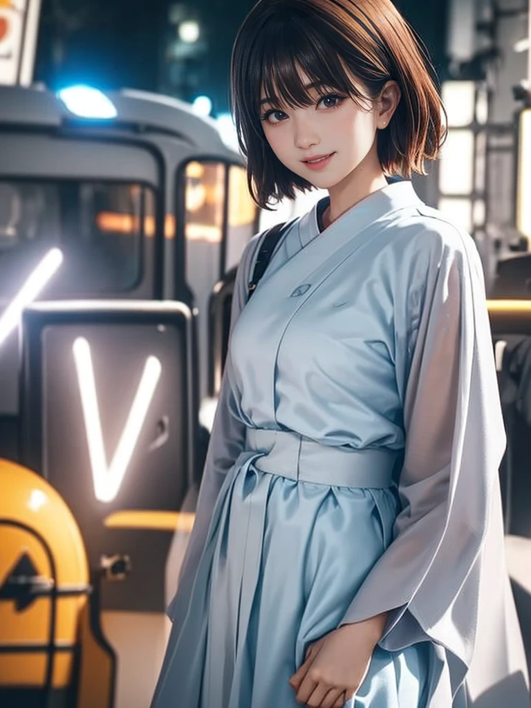 (Very detailedな CG Unity 8k 壁紙, Highest quality, Very detailed, Looking into the camera:1.2, The light shines on your face:1.5, Gray background, Professional Lighting), Japanese women, 26 years old, Brightly lit upper body composition of a face. She has an oval face, Soft arched eyebrows, bright expressive eyes,,, pronounced nose, And a friendly smile. Her hair is shoulder-length, straight, Dyed a pale chestnut color. She is wearing a smart casual blouse, Probably soft colors, Pair it with a chic blazer, Embody her lively and sociable personality