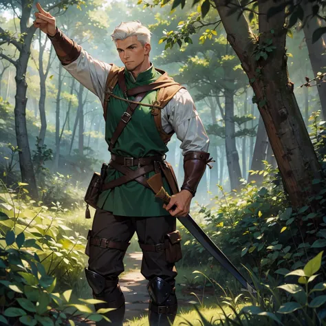 man with archer in the forest with medieval ranger outfit