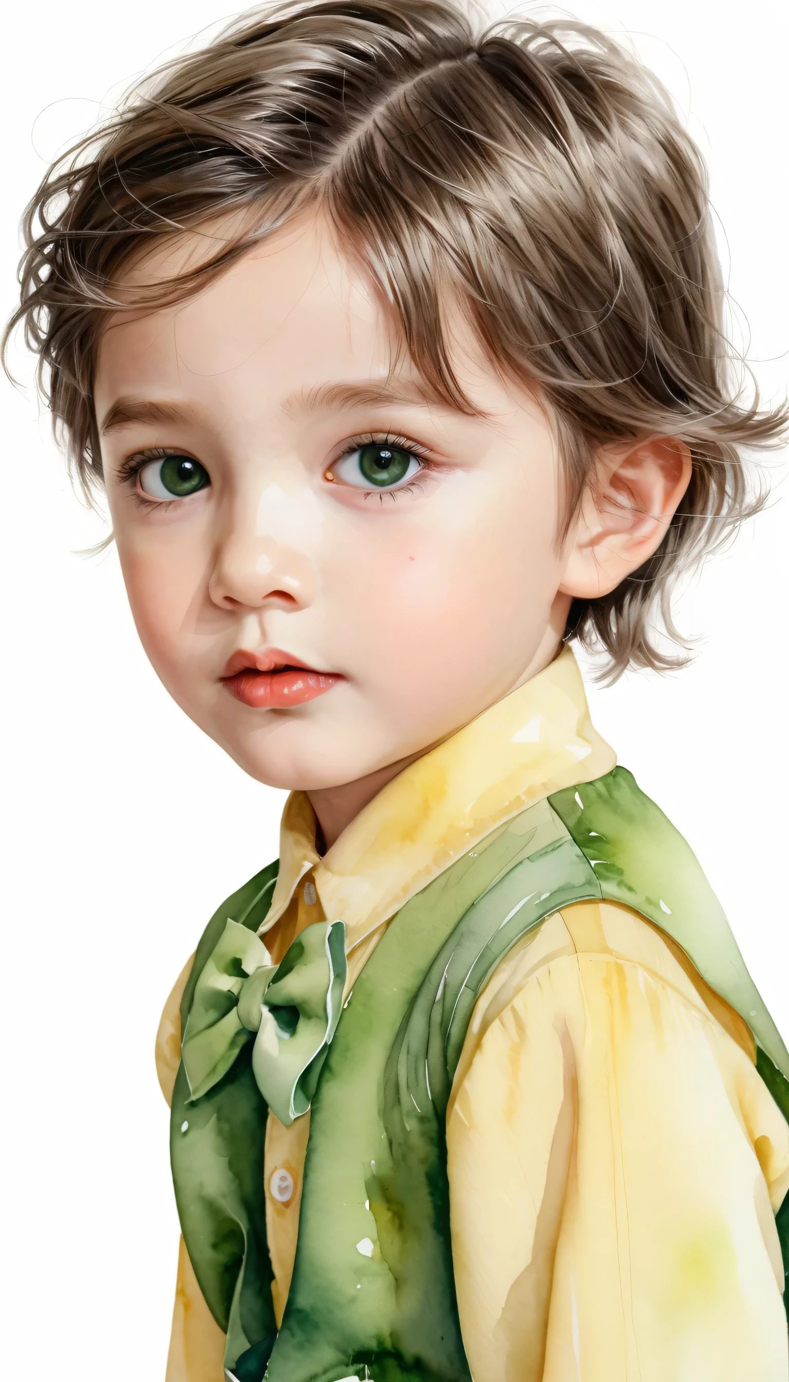 Portrait of a cute boy, 5-6 years old, ashy gray hair, short haircut, large dark green eyes, plump bow lips, light yellow jumpsuit, realism, watercolor, 4K, High detail