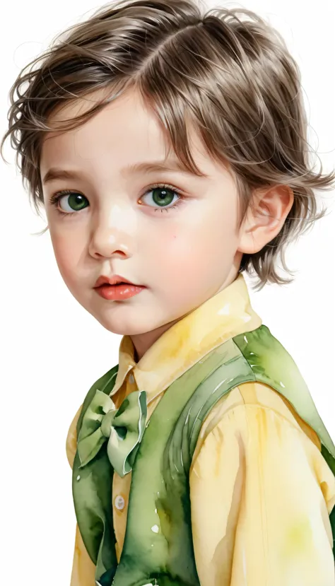 Portrait of a cute boy, 5-6 years old, ashy gray hair, short haircut, large dark green eyes, plump bow lips, light yellow jumpsu...