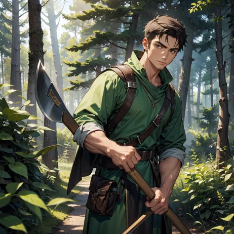 man with axe in the forest with medieval ranger outfit 
