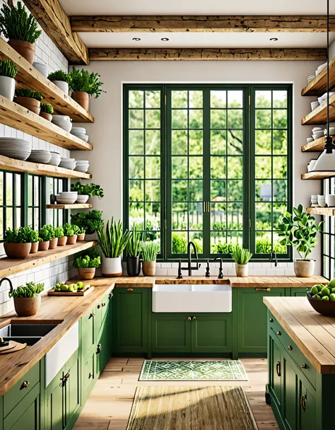 a cozy kitchen interior blending rustic design and natural elements, featuring green and white cabinets, wooden countertops, and...