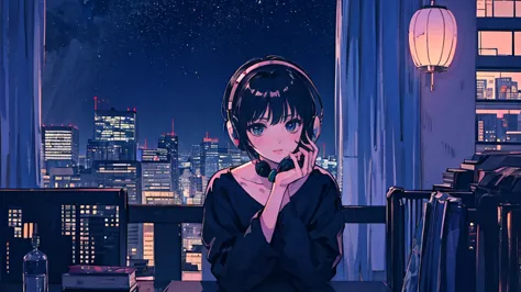 black short hair, black clothing, one adult woman looking sideways ,blue headphones、 city of night, delicate background、masterpi...