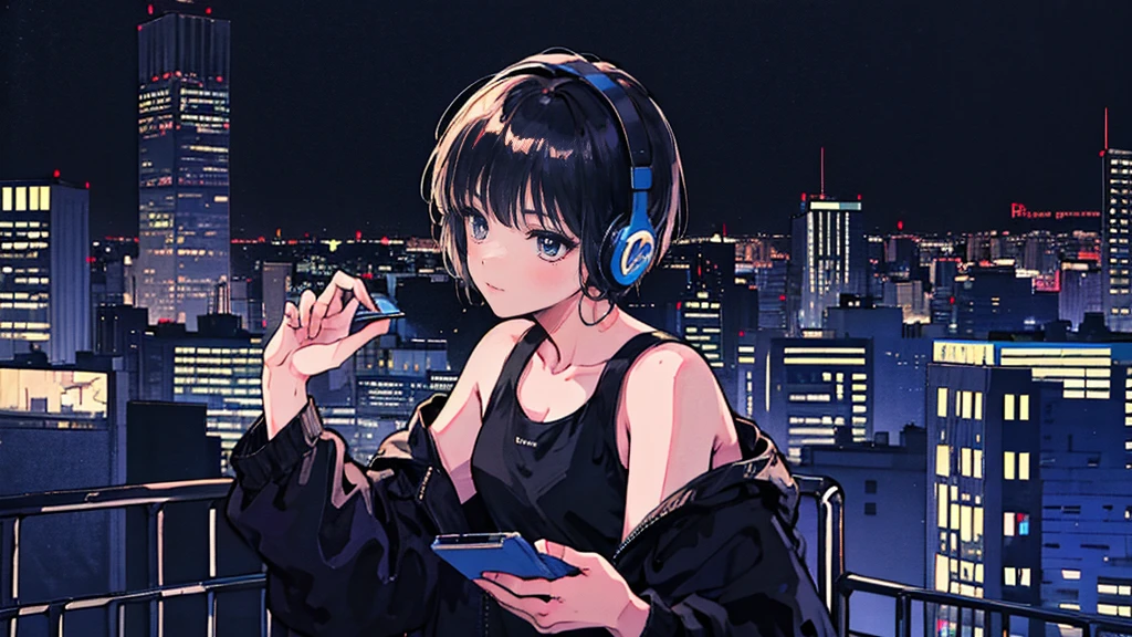 Black short Hair, Black Clothing, One Adult Woman Looking Sideways ,Blue headphones、 City of night, Delicate background、Masterpiece、Night Town、night、dark、Nostalgic、考え事をする