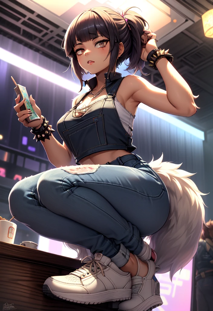 Furry, White fur, Beautiful light and shadow, Zhou Haoguang, Very fine fur, Volumetric light graffiti art, skull fashion, Neon color))), Carne Griffith CFguanxiaoyuQF, One girl, Highest quality, (Tabletop:1.2), 非常にdetailedな, One Girl, alone, Looking at the audience, (Upper Body:1.2), Erotica、Highest quality, Very beautiful, Very delicate 8K wallpaper, Super beautiful girl, masterpieceのface, (masterpieceの目:1.5), (Pixie Cut Hair:1.3),Gal, (Anatomically correct,),masterpiece, Highest quality, Raw photo, Photorealistic, face, unbelievably ridiculous, Beautiful girls, cute, Blunt bangs, Depth of written boundary, High resolution, 超detailedな, detailed, ighly detailedd, extremely detailedd eye and face, Sharp pupils, Realistic students, Sharp focus, Cinema Lighting,masterpiece, (Highest quality: 1.2), (Super quality: 1.2), figure, (Very delicate and beautiful: 1.2), Film Angle, floating, (Beautiful detailing: 1.1), (Detail Light: 1.1), Film Light, Highest quality:0.8), (Highest quality:0.8) Beastman Wolverine Girl Princess Mononoke Sideburns Cyberpunk Wolf Girl,Flexible outfit、Hairy、ケモガールHighest quality:0.8), (Highest quality:0.8), Perfect anime illustration, A girl with a casual side ponytail and cropped hair、Future punkish distressed jeans、Sneakers that look light on the feet。light blue lip。Sharp Eyes。Overall image of a toned body。Fluffy animal tail、Fluffy body hair