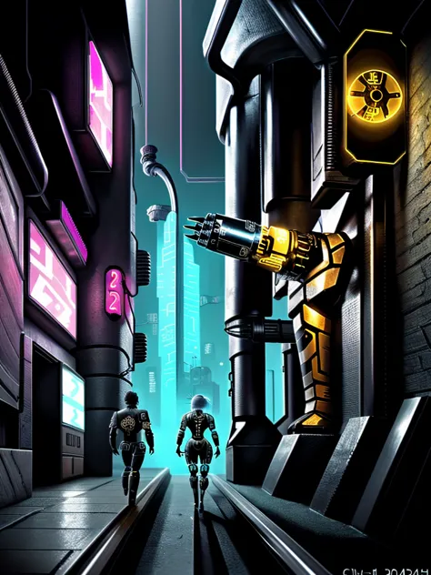 ((cyberpunk style)), Hi-Tech city, mechanical enhancement, (high-tech fantasy), robotics, blade runner 2049, ((steampunk style))...