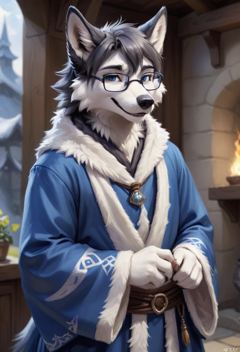 Wolf，male，Mage Clothing，robe，Blue and white fur，Glasses，Orcs，Orcs脸，delicate and pretty，Wolf脸，cute，Young，Introvert，精灵Wolf，Facial details，happy，Smile