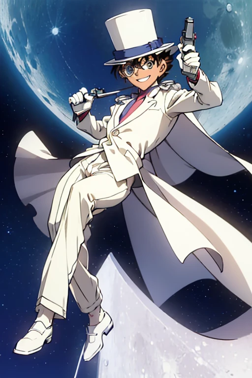 ultra detailed,(masterpiece,16K),perfect face,white suit,silk hat,((1 boy)),detective conan-kaitou kid,white cape,white leather shoes,white gloves,rooftop,moon night,floating in the air,monocle,grin,holding a gun,acrobatic pose