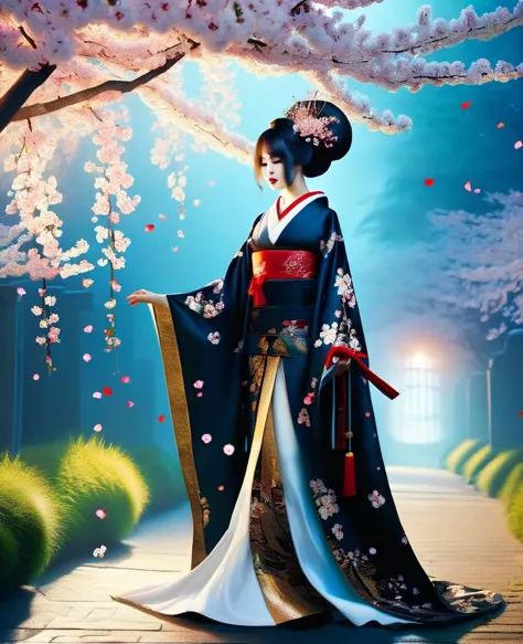 Gothic aesthetics，Gothic aesthetics，(A geisha stands gracefully under a cherry blossom,Cherry Blossom Festival Oiran, Red cherry...