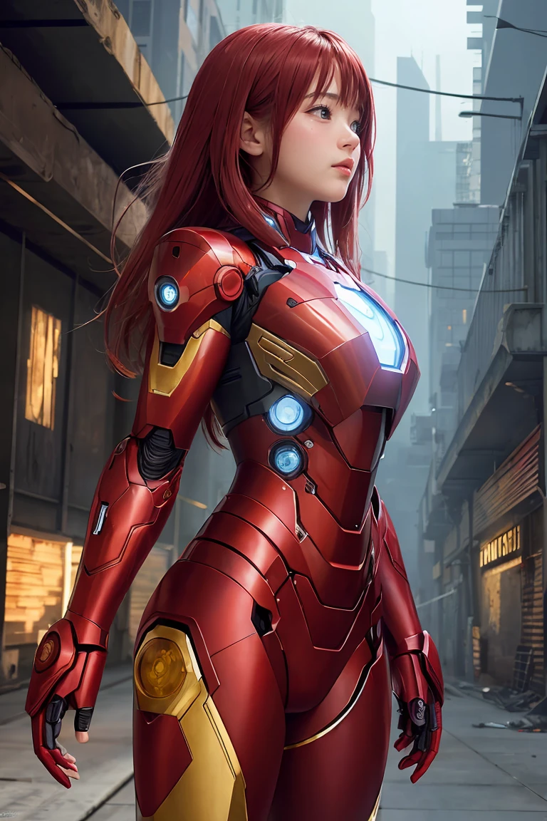 (1 chica:1.3), solo,__partes del cuerpo__, arte oficial, fondo de pantalla de unidad 8k, ultra detallado, Hermoso and aesthetic, Hermoso, obra maestra, mejor calidad, CRUDO, obra maestra, foto súper fina,, mejor calidad, súper alta resolución, Fotorrealista, luz de sol, retrato de cuerpo completo, stunningly Hermoso,, pose dinámica, cara delicada, Ojos vibrantes, (Vista lateral), ella lleva un robot futurista de Iron Man., rojo y dorado, Fondo de almacén abandonado muy detallado, cara detallada, fondo ocupado complejo detallado, desordenado, espléndido, lechoso, piel muy detallada, detalles de piel realistas, visible pores, enfoque nítido, niebla volumétrica, 8k hd, cámara réflex digital, alta calidad, grano de la película, piel blanca, photorealism, lomografía, metrópolis en expansión en una distopía futurista, Vista desde abajo, translúcido